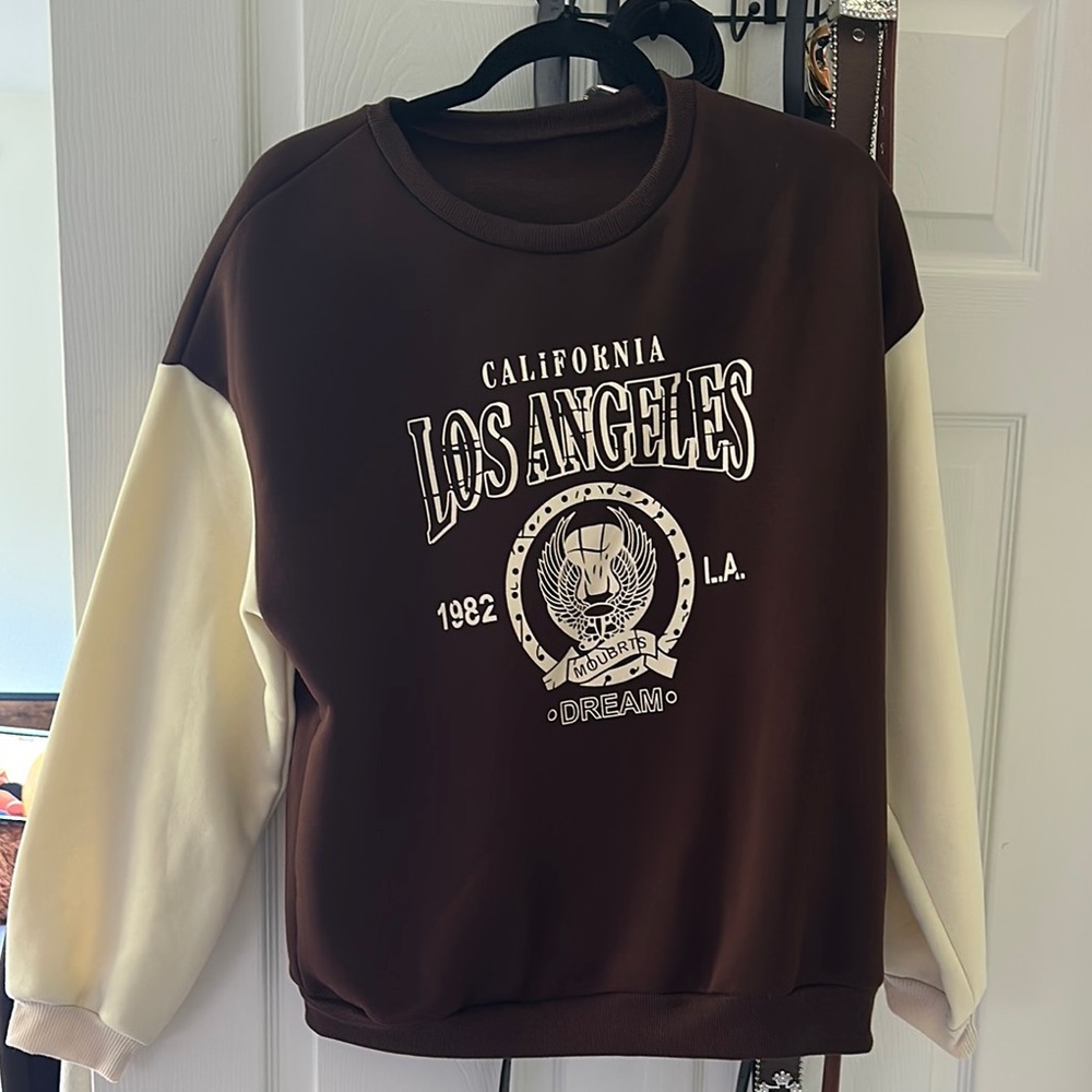 SHEIN Brown and Cream Crewneck Varsity Sweater